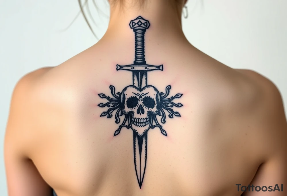 weathered guard sword going down spine with a skull heart tattoo idea