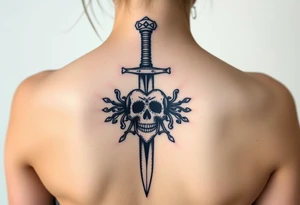 weathered guard sword going down spine with a skull heart tattoo idea