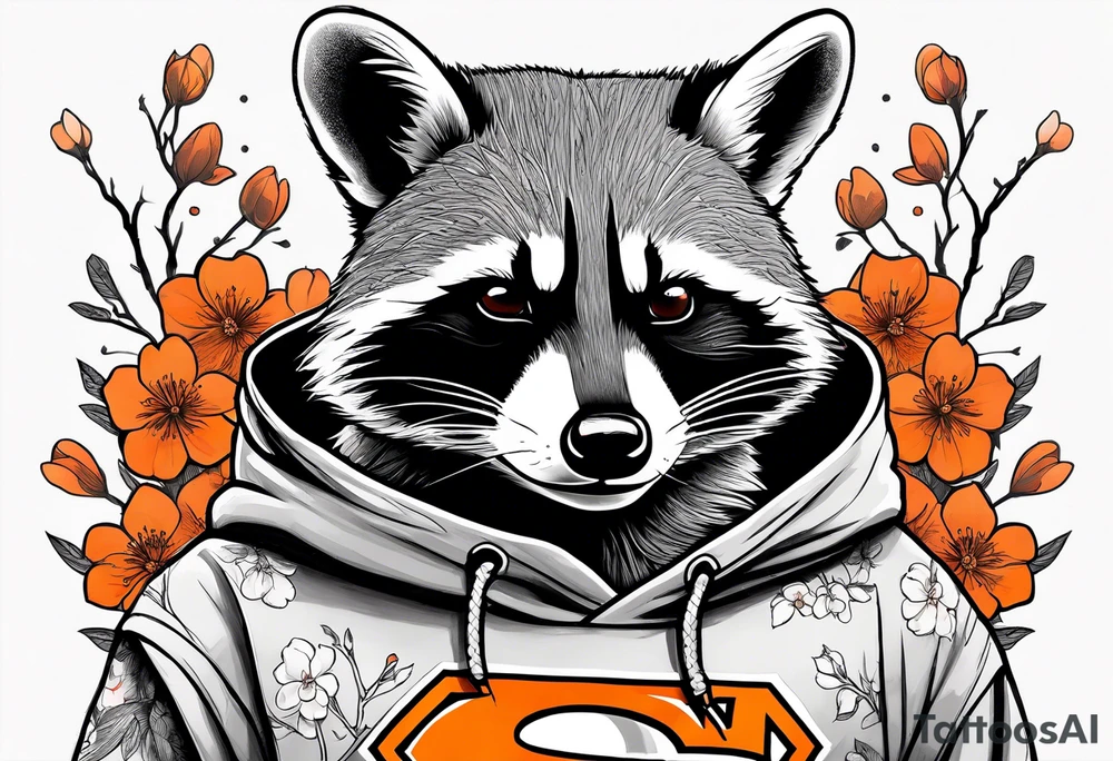 raccoon wearing a black and white Superman hoodie and orange Japanese cherry blossoms tattoo idea