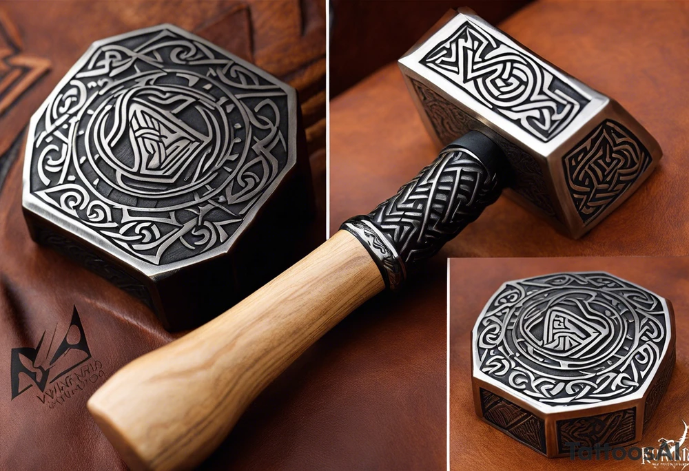 Design a powerful hammer tattoo inspired by Thor's Mjolnir. The hammer should have intricate Norse patterns carved into its head, symbolizing strength and protection. Lightning bolts should surround the hammer, emphasizing its connection to thunder and power. The handle can be wrapped in leather-like textures for a rugged feel, with runes etched along its length to add an authentic Viking touch. The overall style should blend realism with a slight fantasy vibe, highlighting the mystical aura of Thor’s weapon tattoo idea