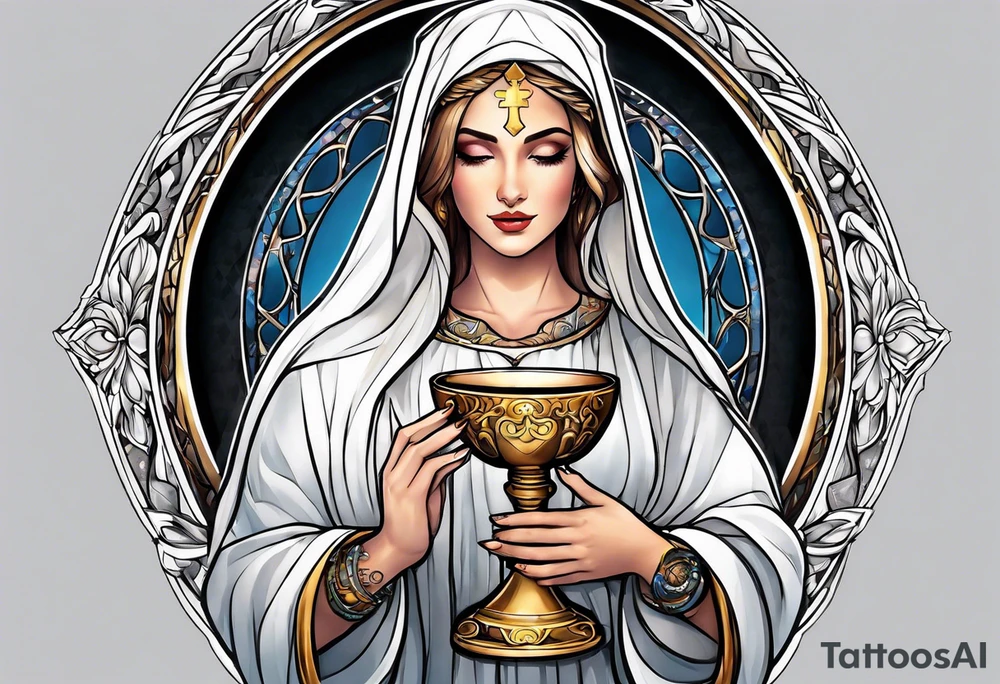 Female saint holding a chalice tattoo idea