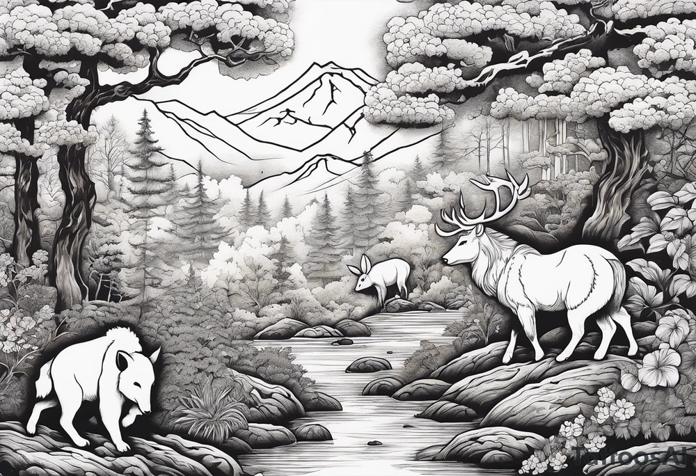 Forest with a lot of trees and animals walking around tattoo idea