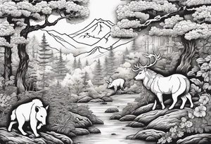 Forest with a lot of trees and animals walking around tattoo idea
