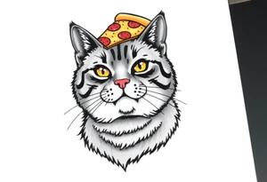 fat grey tabby cat portrait with pizza slice on its head tattoo idea