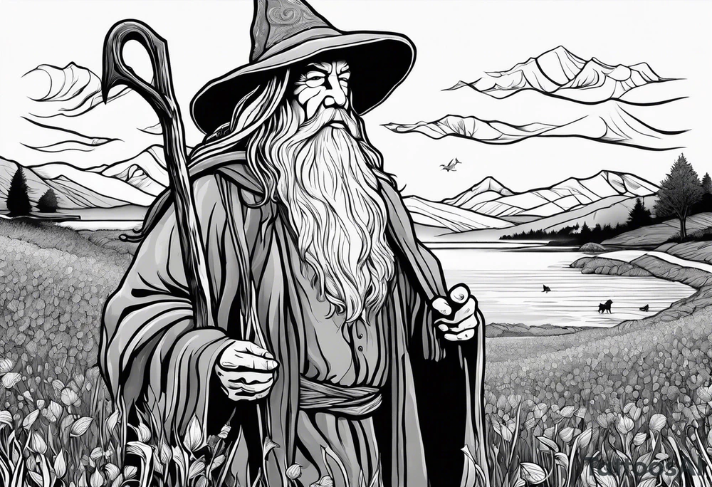 gandalf walking into a field of fish tattoo idea