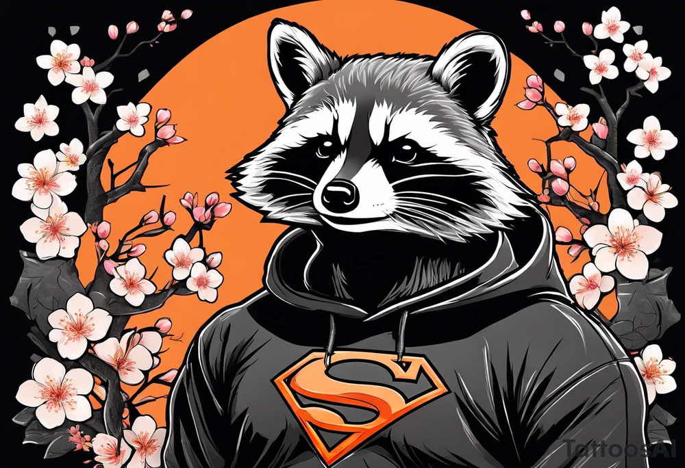 Raccoon wearing a white Superman logo on a black hoodie and orange Japanese cherry blossoms beside tattoo idea