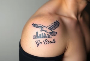 Philadelphia Classic eagle flying over Philadelphia city skyline with Go Birds written under it tattoo idea