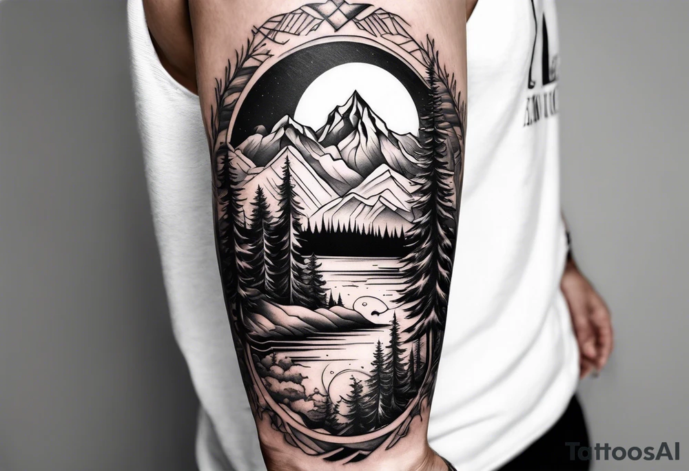 sleeve with trees, mountains and skier tattoo idea