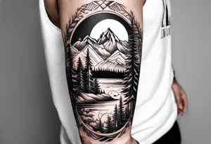 sleeve with trees, mountains and skier tattoo idea