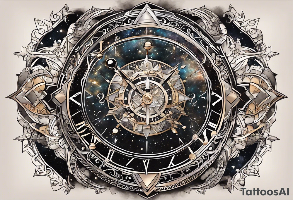 Matter, energy, space and time with an old stone theta symbol with stars in the background and Scorpio constellation tattoo idea