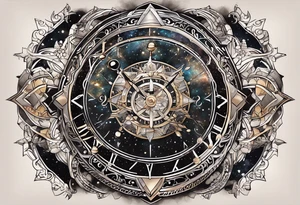Matter, energy, space and time with an old stone theta symbol with stars in the background and Scorpio constellation tattoo idea