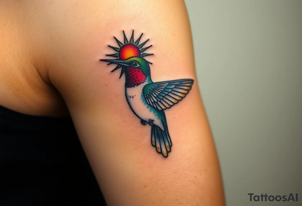 A hummingbird with Ra’s solar disk above its head(only red , blue and black are possible colors) tattoo idea