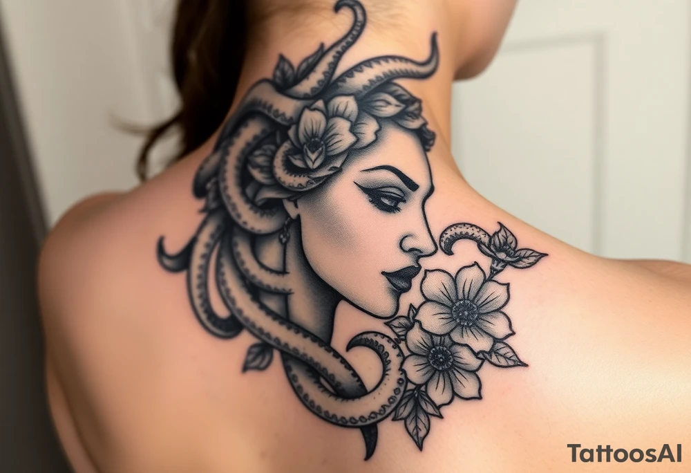 Side of Medusas face with snakes and flowers tattoo idea