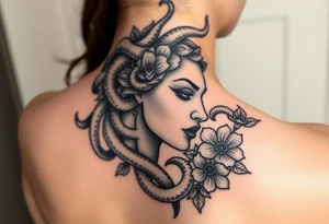 Side of Medusas face with snakes and flowers tattoo idea