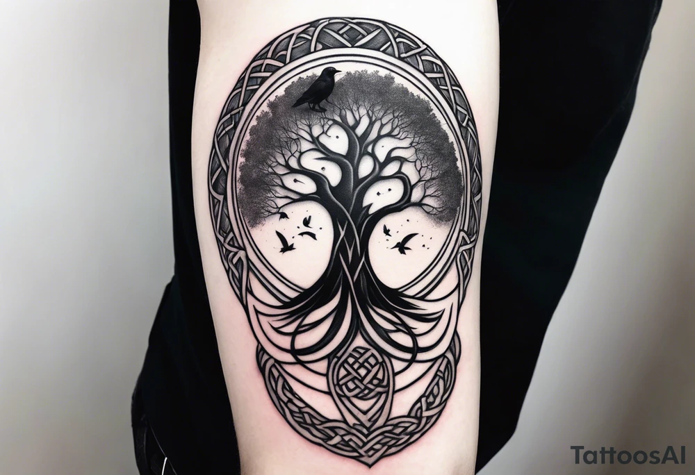 world tree with a raven and knotwork sleeve tattoo tattoo idea