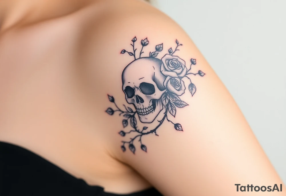 gothic skull intertwined with climbing roses and thorny vines tattoo idea