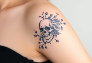 gothic skull intertwined with climbing roses and thorny vines tattoo idea