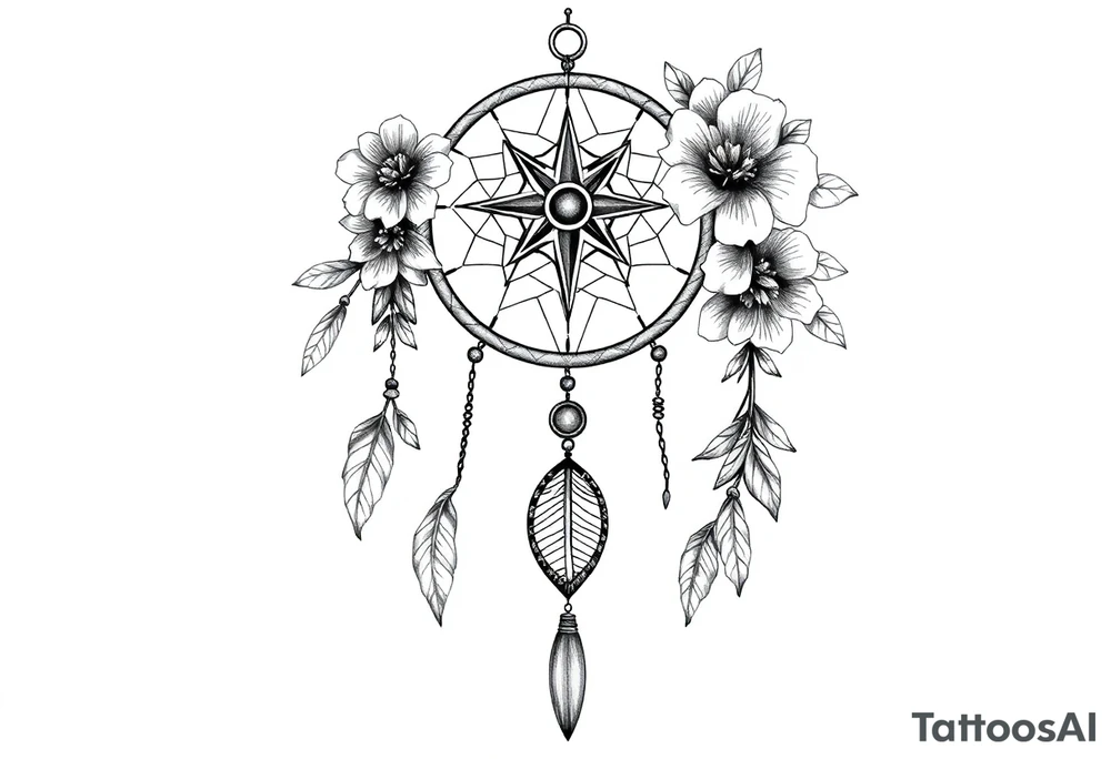Boho dream catcher with compass and anchor Beautiful flowers and an ornamental chandelier like look tattoo idea