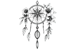 Boho dream catcher with compass and anchor Beautiful flowers and an ornamental chandelier like look tattoo idea