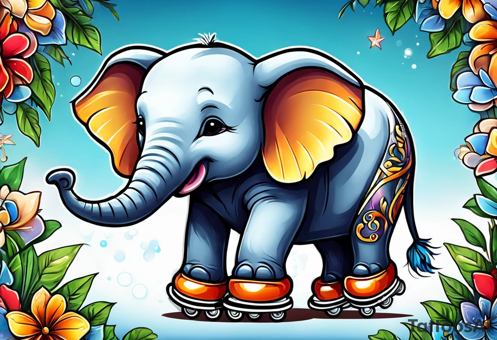 Baby elephant wearing skates tattoo idea