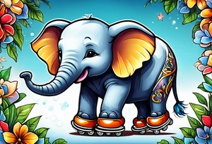Baby elephant wearing skates tattoo idea