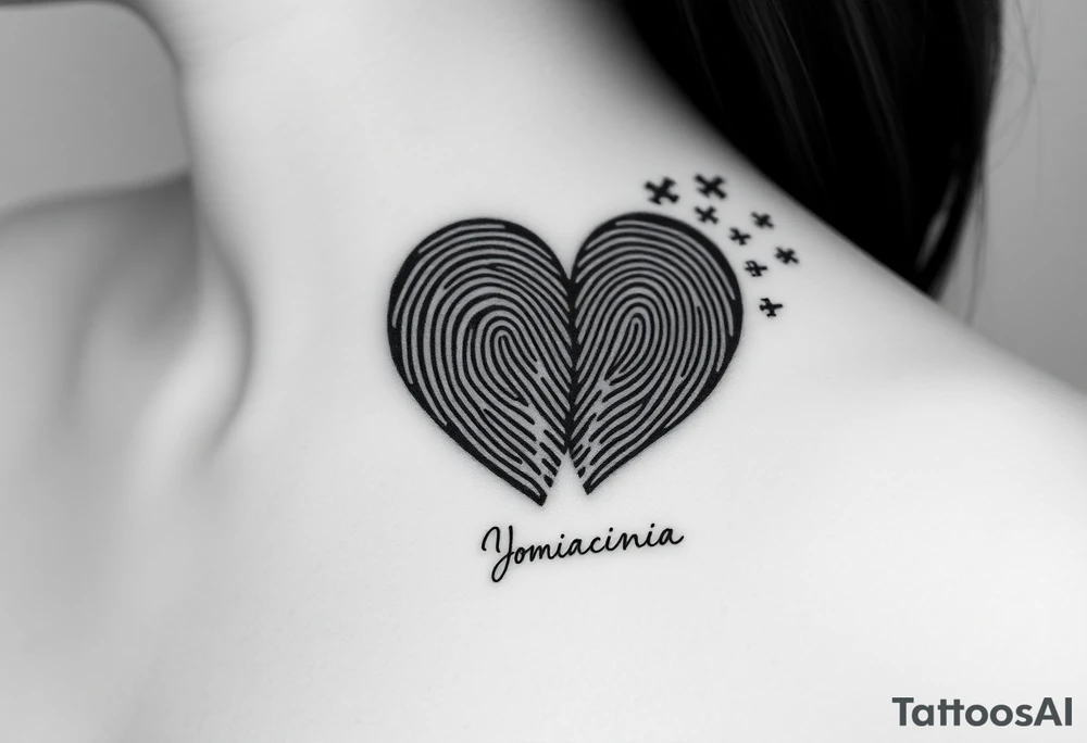 Two fingerprints merged into a heart shape, with the top right edge breaking away into small planes flying into the sky.

Place a signature Beneath the heart in the loved one’s handwriting. tattoo idea