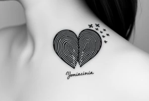 Two fingerprints merged into a heart shape, with the top right edge breaking away into small planes flying into the sky.

Place a signature Beneath the heart in the loved one’s handwriting. tattoo idea