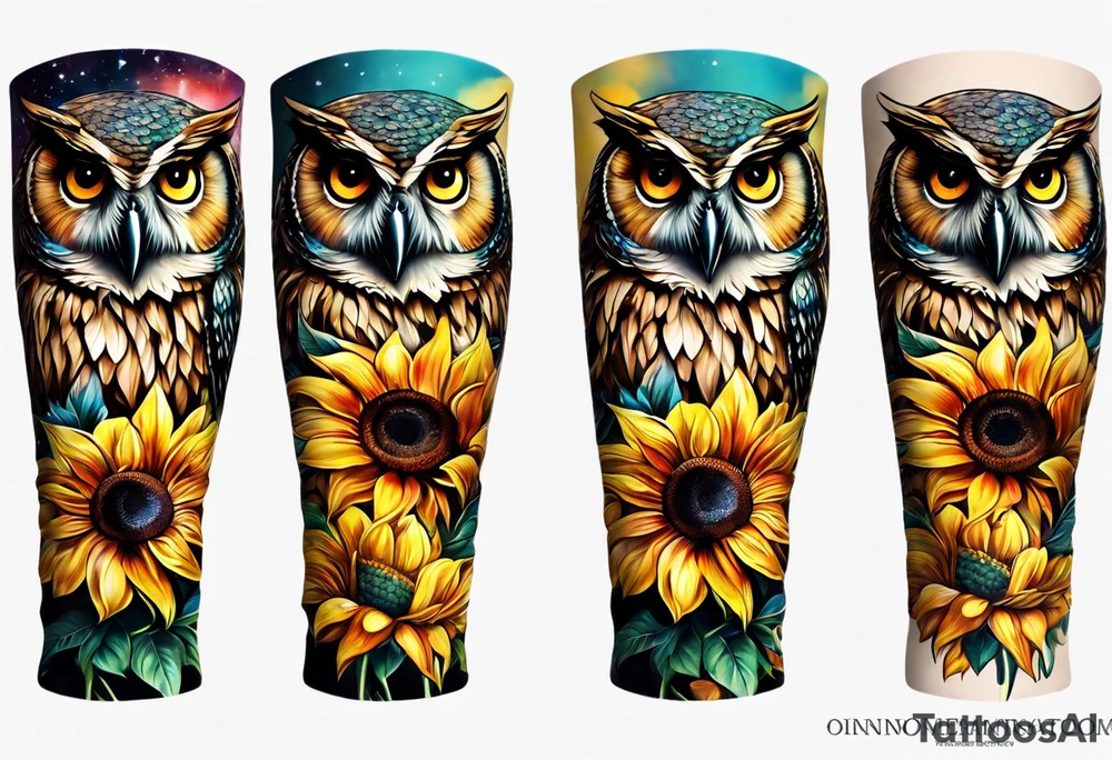 Arm sleeve with colorful sunflowers and an owl tattoo idea
