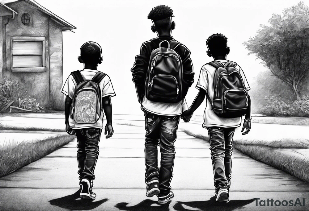 3 black school age brothers walking away together  you can see their full bodies and one is looking to the side showing the side of his face tattoo idea