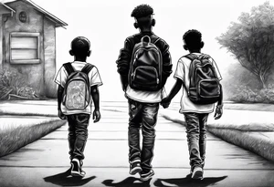 3 black school age brothers walking away together  you can see their full bodies and one is looking to the side showing the side of his face tattoo idea