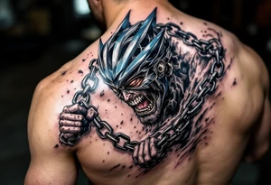 A powerful cyclist breaking through chains, symbolizing freedom and strength, with metallic silver and deep blue details. tattoo idea