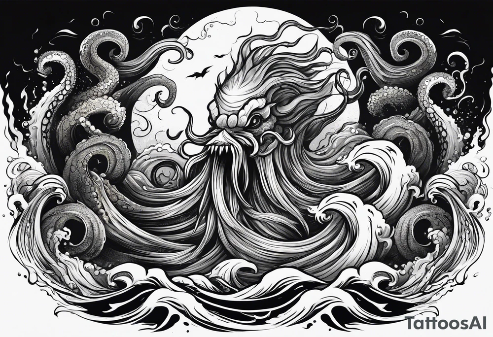 A kraken octopus monster underwater ensnaringthe Greek god Poseidon as he thrust his trident into the beast. Turbulent storm with lightning & waves crashing tattoo idea