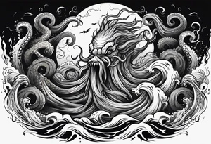A kraken octopus monster underwater ensnaringthe Greek god Poseidon as he thrust his trident into the beast. Turbulent storm with lightning & waves crashing tattoo idea