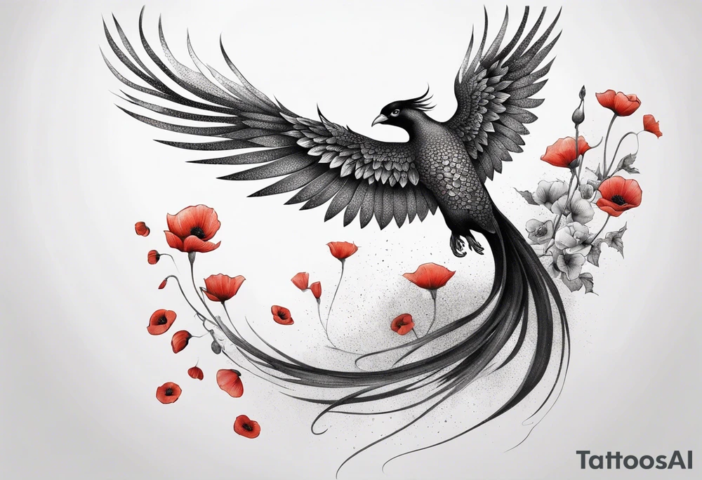 elongated phoenix in flight 
in profile long tail with claws holding poppies falling tattoo idea