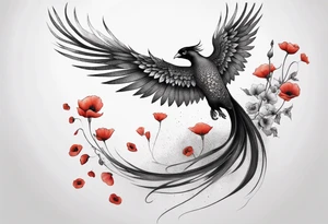 elongated phoenix in flight 
in profile long tail with claws holding poppies falling tattoo idea