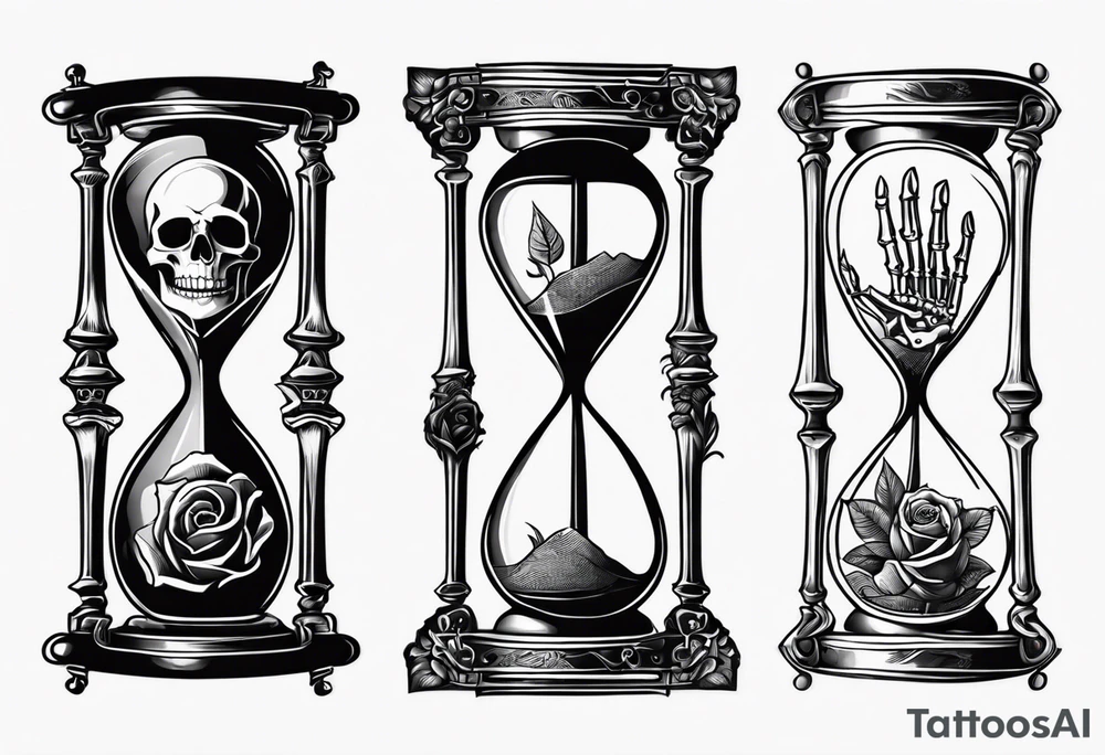 Hour glass with a skeleton hand on top and human hand on bottom tattoo idea