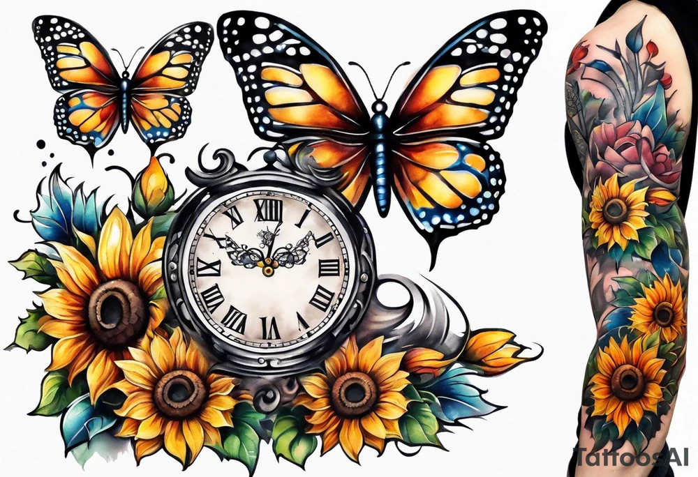 Sleeve with clock, sunflower and butterfly tattoo idea