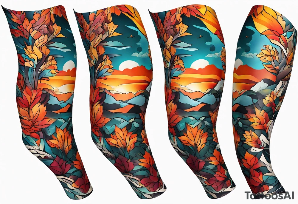 Arm Sleeve Tattoo with fall colors flat tattoo idea