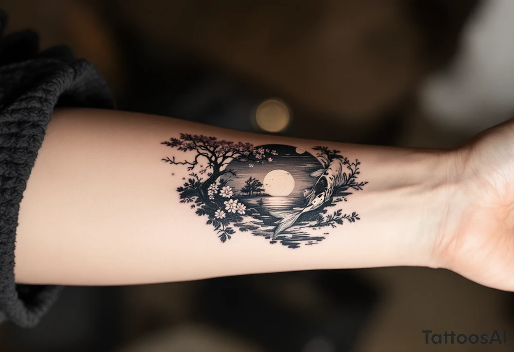 a koi fish swimming upstream in a pond moonlight by the full moon with a sakura tree by the pond tattoo idea