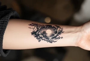 a koi fish swimming upstream in a pond moonlight by the full moon with a sakura tree by the pond tattoo idea