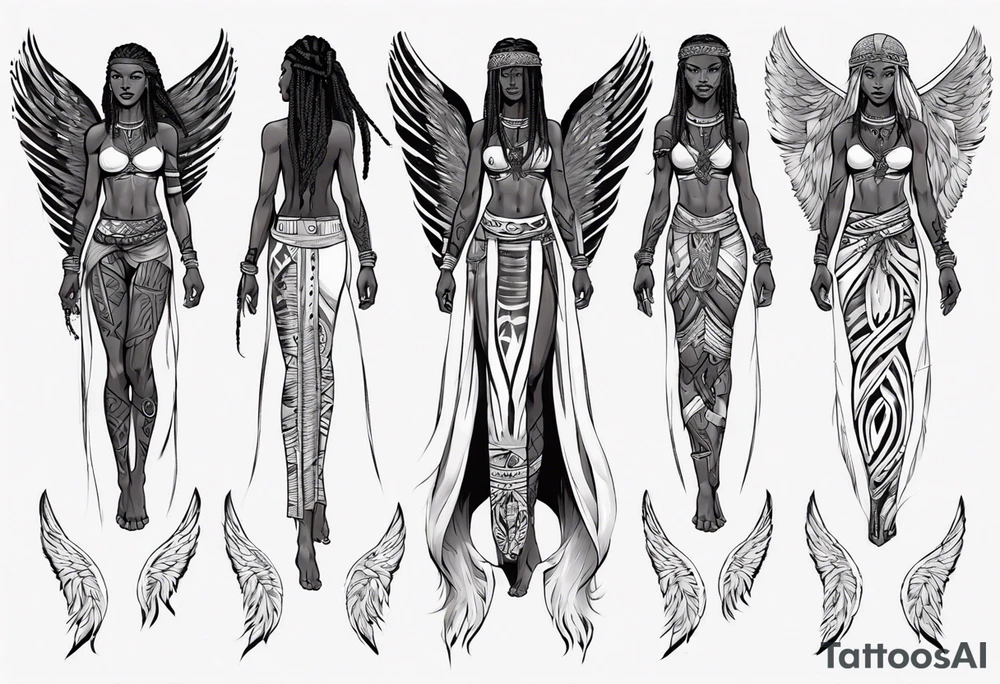 African female Viking  angel full body 
slim long face small mouth long braided hair tattoo idea