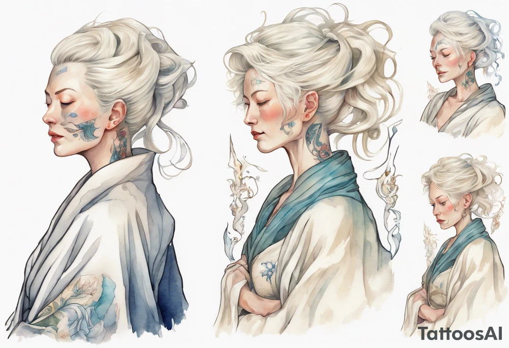 platinum blonde woman in her 40s wearing white medieval robe tattoo idea
