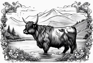 Nessie being ridden by a highland cow tattoo idea