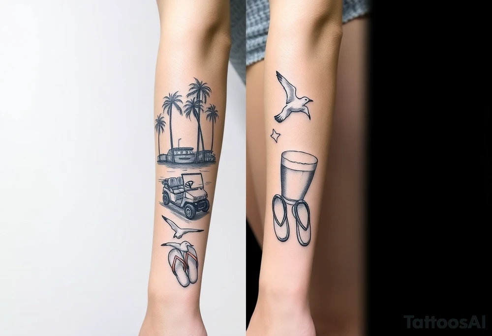 full arm sleeve with individual tattoos that include palm trees, boats, golf cart, seagulls, sea life, a beer, flips flops tattoo idea