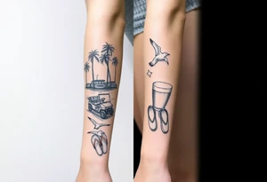 full arm sleeve with individual tattoos that include palm trees, boats, golf cart, seagulls, sea life, a beer, flips flops tattoo idea