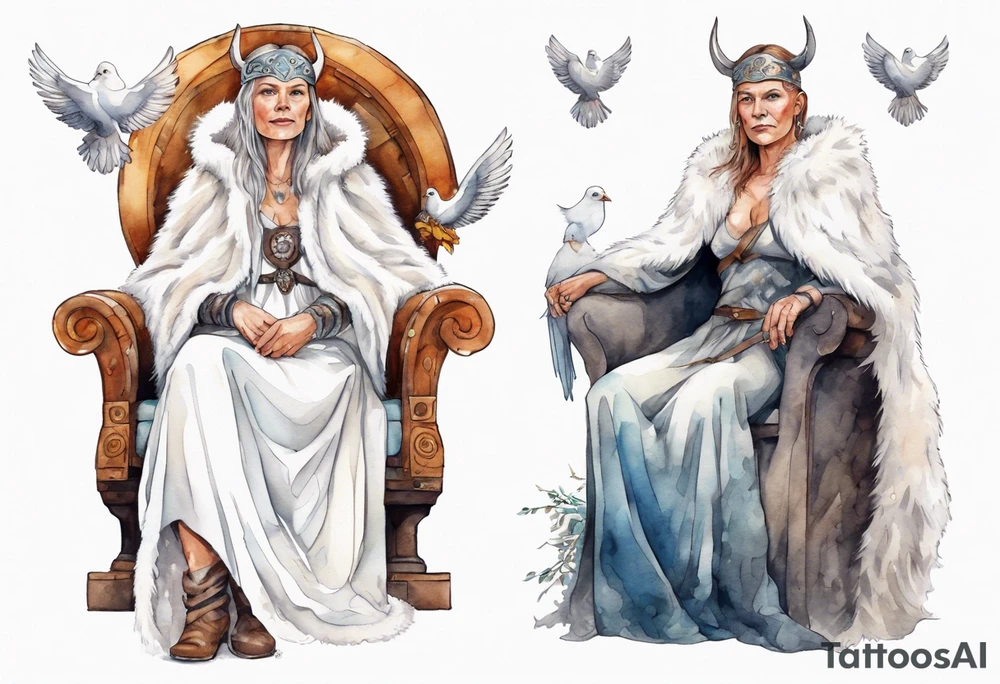 a 45-year-old Viking woman wearing a white fur cloak sitting on a throne with a dove on her shoulder tattoo idea