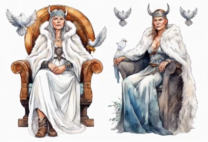 a 45-year-old Viking woman wearing a white fur cloak sitting on a throne with a dove on her shoulder tattoo idea