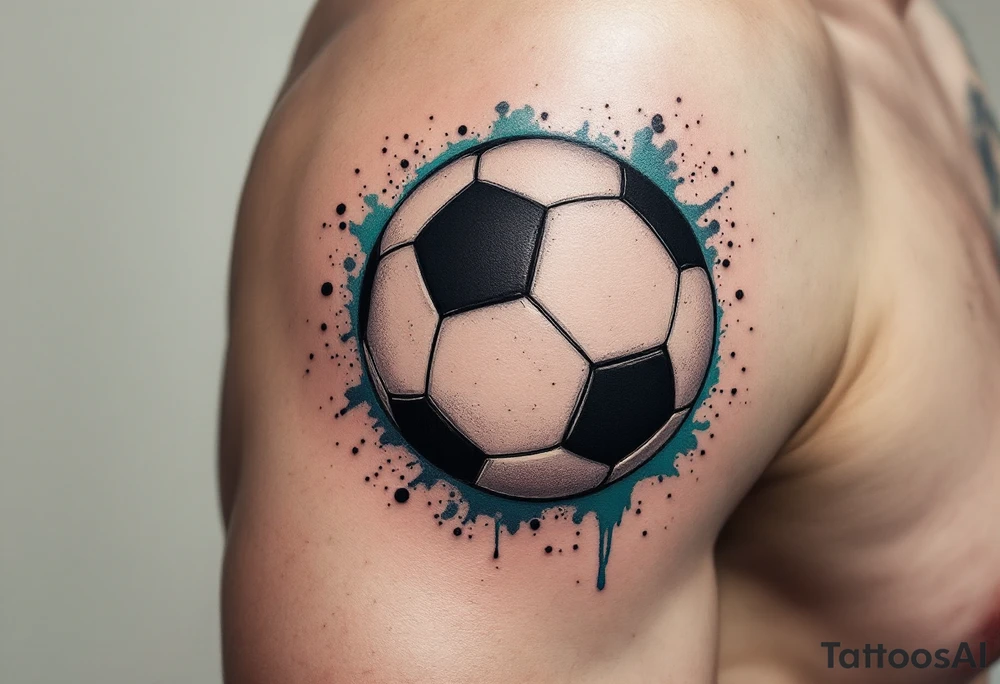 A small behind-the-ear soccer ball tattoo in black with a splash of teal paint. tattoo idea