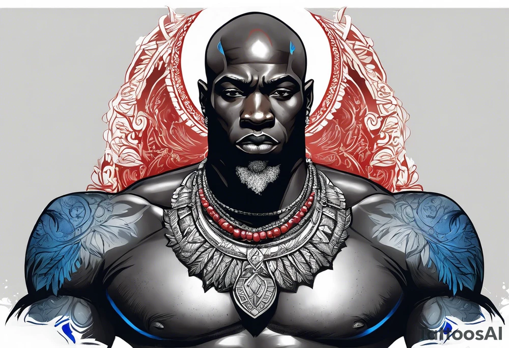 Black-skinned bald african god of war. He has a silver crown. He wears two simple necklaces: one blue, other red. Looking front tattoo idea