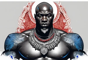 Black-skinned bald african god of war. He has a silver crown. He wears two simple necklaces: one blue, other red. Looking front tattoo idea